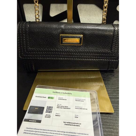 Burberry Black Leather Wallet on Chain Haymarket Check Gold Auth